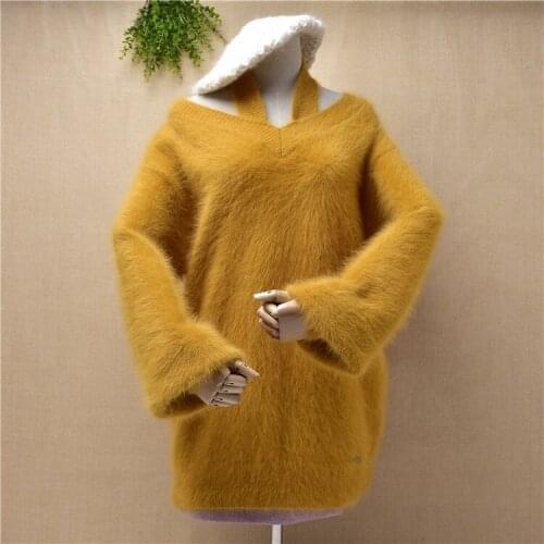 Top quality Korean loose oversized long mink cashmere long lantern sleeves sexy strappy sweater pullover winter jumper dress top