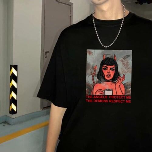 THE Angels Protect Me, DEMONS RESPECT ME Women Tees Girls T Shirt Graphic Tees Female Tumblr Tshirt Women Tops Fashion Clothes