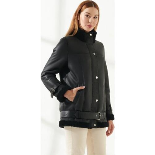 Womens Winter Fur Jacket Wool Sheep Skin Leather Jacket Genuine Slim Fit Biker Fashion Clothing from Turkey Monte