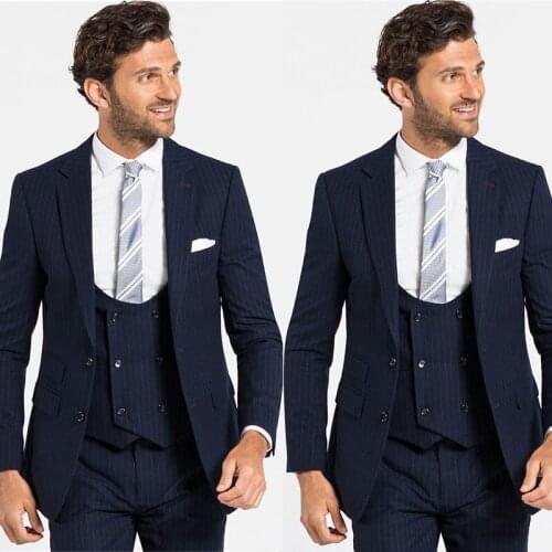 Plus Size Navy Pinstripe Wedding Tuxedos Double Breasted Peaked Lapel Groom Wear Party Prom Best Men Blazer Suit(Jacket+Vest+Pan
