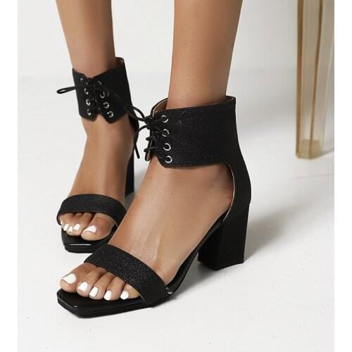 Street Style Summer Cool Sandals Fashion Sequins Ankle Lace-up Gold Silver Purple Black High Heeled chunky Heels womens shoes