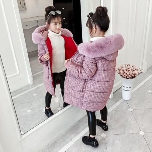 Russian winter Baby Girls' winter coat 4-13 years old warm Casual Large fur collar plaid thick winter hooded padded trench