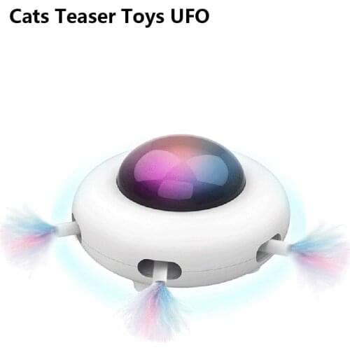Automatic Cats Teaser Toys UFO Smart Feather Stick Spinning Pet Turntable Catching Training Playing Interactive Dolls