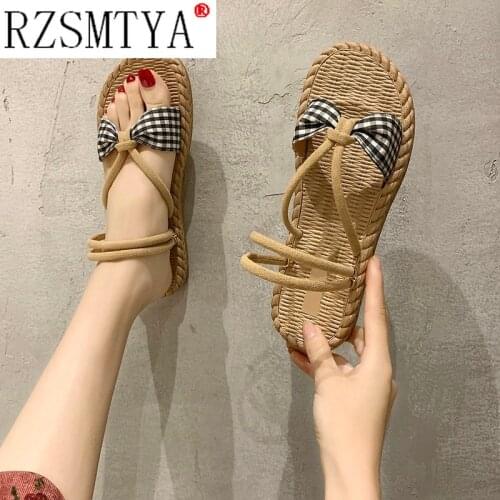 Bohemian Womens Sandals 2020 Summer Flat Linen Rope Platform Women Sandals Casual Twine Cross-woven Open Toe Slip-on Shoes