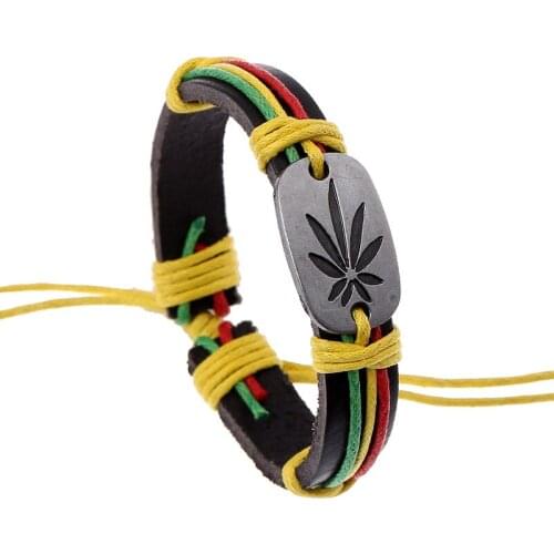 Trendy New Mens Bracelet Colorful Rope Cow Leather Wrap Bracelets Women Jewelry Jamaica Leaves Alloy Charm Hip Hop Casual Style