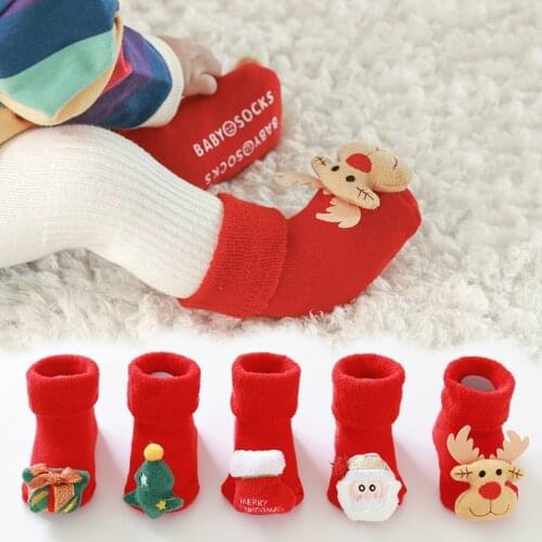 Baby Anti-slip Socks Newborn Cotton Festive Christmas Themed Red Cute Cartoons Floor Infant Elastic Socks 0-2 years Child Kids