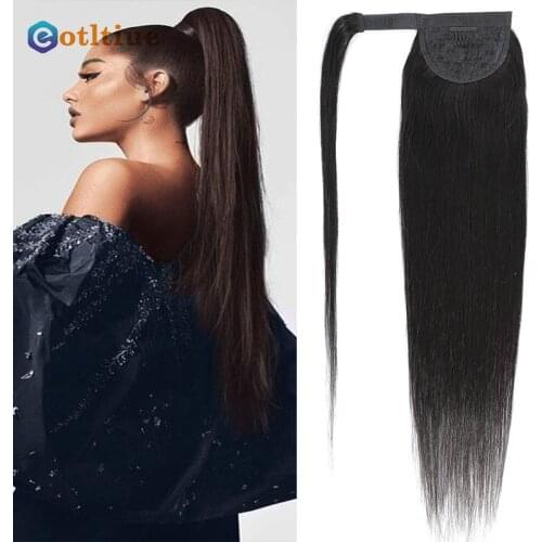 Eotltiue Ponytail Human Hair Straight Brazilian Wrap Around Clip In Ponytail Hair Extension 10-26 Inches #4 #1b 99J Ombre Color