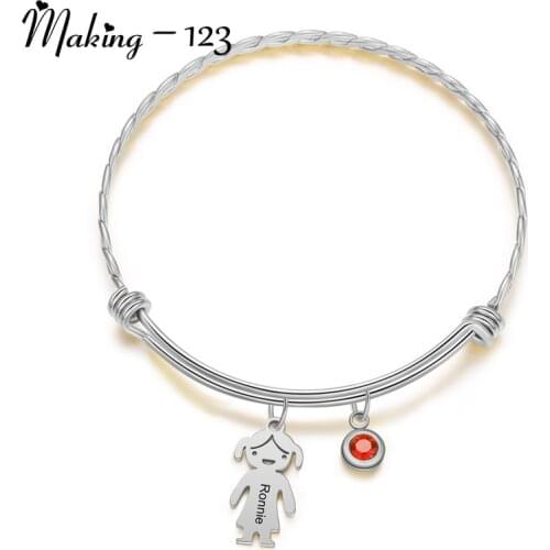 Customized Family Name Boy Girl Bracelets With Birthstone Steel Adjustable Engrave Bangles Women Men Kids Family Jewelry Gifts