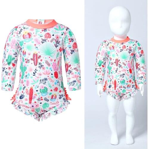Newborn Baby Girls Floral Swimwear Summer Long Sleeves Ruffles Bodysuit Kids One-piece Swimsuit Toddler Beach Playing Suit