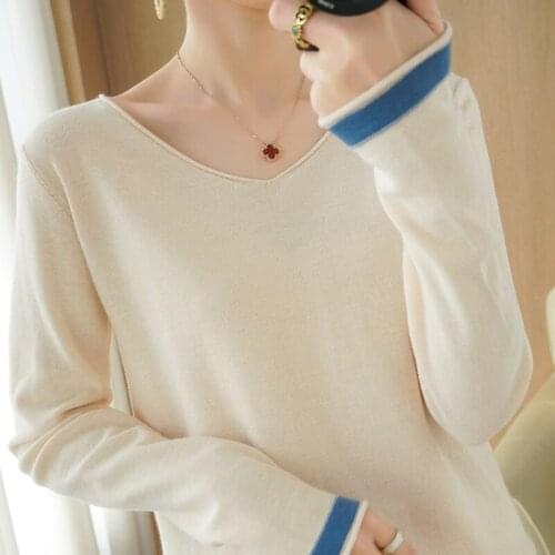 Hot sale spring and summer V-neck knitted full sleeve womens 100% cotton sweater comfortable and versatile pullover bottoming