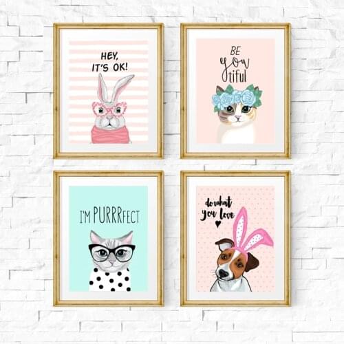 Cute Animals Prints Nursery Wall Art Posters Cartoon Cat Dog Art Canvas Painting Rabbit Pictures for Baby Room Home Decoration