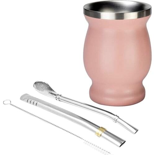 Double-Wall Stainless Yerba Mate Gourd Tea Cup Set Coffee Water Cup with 2 Bombillas Straws Spoon ＆ Clean Brush