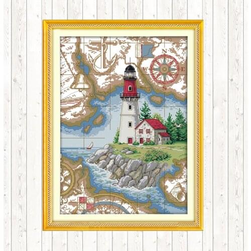 Cross Stitch Kit Lighthouse Landscape Painting Counted Printed Water-soluble Canvas for Embroidery Kit DMC DIY Crafts Needlework