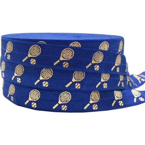 New Arrival 10 Yards Gold Foil Tennis racket on Blue Print Fold Over Elastic 16mm FOE Ribbon Webbing For DIY Headwear Accessory