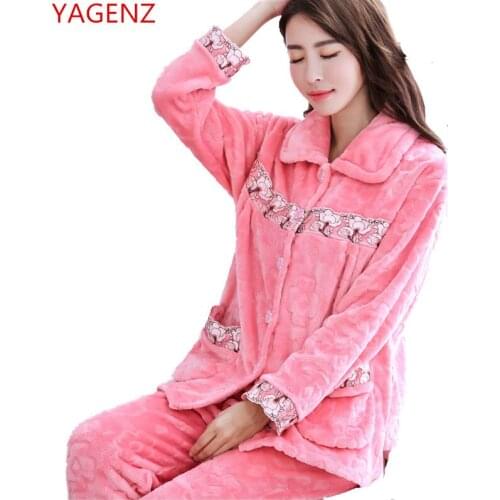 Autumn Winter Lady suit New Flannel pajamas Printing 2 Piece set women plus-size Womens home wear Long sleeve warm pajamas