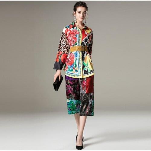 Casual 2 Pieces Runway Fashion Spring Summer Leopard Flower Print Blouse+Loose Knee-Lenght Skirts Holiday Sets