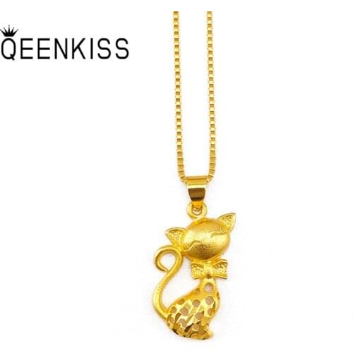 QEENKISS PT549 2021 Fine Jewelry Wholesale Fashion Woman Girl Birthday Wedding Gift Cute Cat Girl 24KT Gold Pendant Charm 1PC