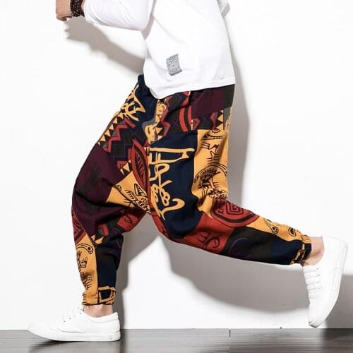 Cotton Men Harem Pants with Pocket Men Hip-hop Harem Pants Wide Leg Trousers Casual Vintage Men Aladdin Bunched Foot Pants