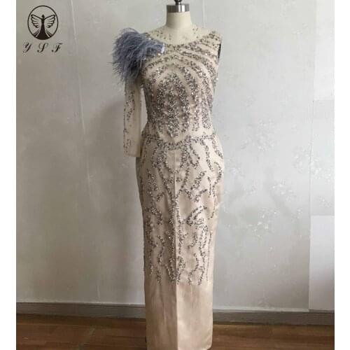Sexy Vestidos De Fiesta O Neck One Shoulder Beaded Embroidery Heavily Straight Floor Length Long Sleeve Feather Evening Dresses