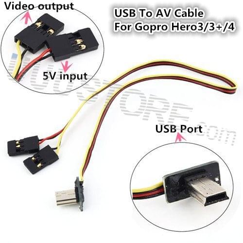FPV Mini Gopro Hero3 Hero4 USB TO AV Video Output 5V DC power BEC input Realtime Conversion Cable plug Gopro AV Cable
