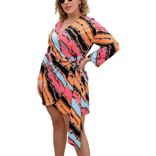 Women Spring Dresses Multicolor Printing V-Neck Long Sleeves Lace-Up Waist Short Plus-Size Dress for Ladies