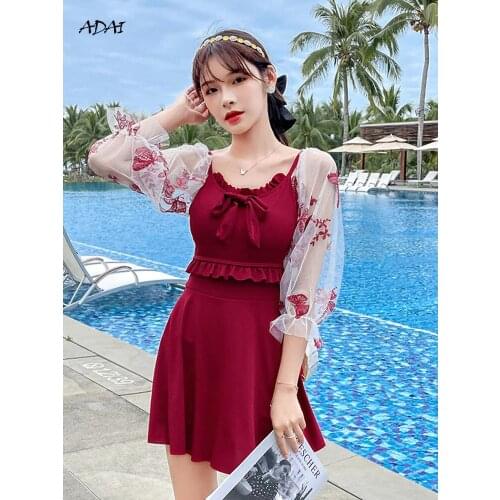Womens Swimwear 2021 Bathing Suits One-piece Swimsuit with Skirt Sleeves Black Red Summer Bow Bangage Bikinis Swim Beachwear