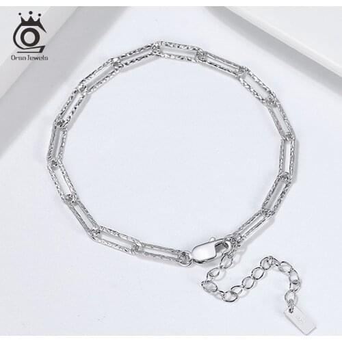 ORSA JEWELS Italian Handmade Real 925 Sterling Silver 3.5mm Paperclip Link Hammered Chain Bracelet for Women Jewelry Gifts SB120