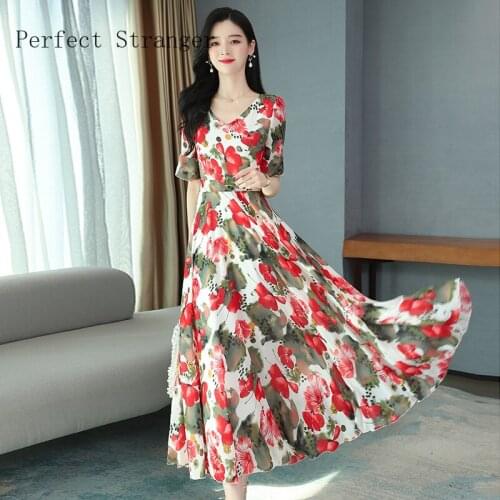 2020 New Arrival High Quality V Collar Short Sleeve Flower Printed Women Dress