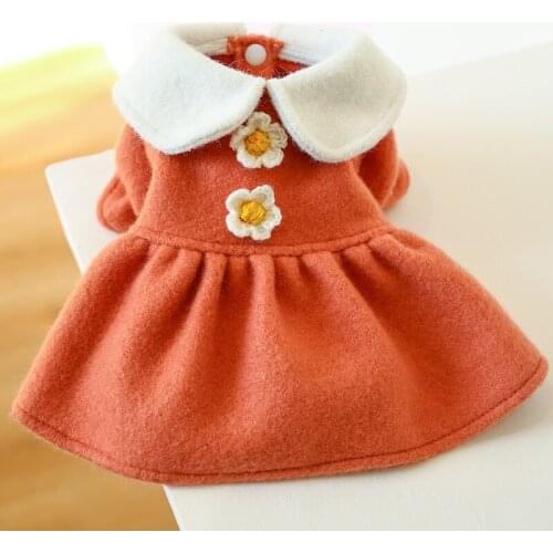Winter Pet Dog Clothes Warm Dress Princess Puppy Doll Collar Flower Woolen Skirt Cold Tutu Coat Dress For Small Dogs Pet Apparel
