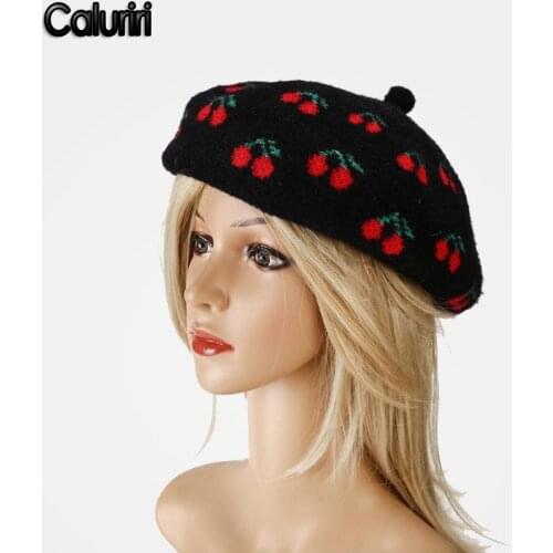 2020 Autumn Winter Women and Girl Cherry Warm Wool Octagonal Hats Soft Touch Painter Berets Hat for Womens ZZ-298