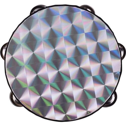 8 Inch Wooden Radiant Tambourine Handbell Hand Drum with Double Row Reflective Drum Head Percussion Instrument Musical Toy