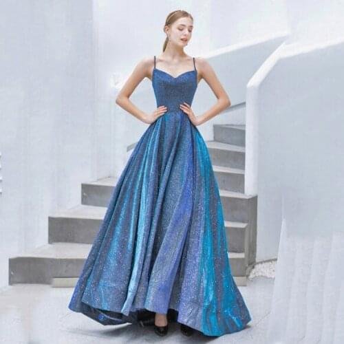 Fantasy Bling Blue Sparkly Prom Dress With Spaghetti Straps Shiny Princess Evening Dresses Blue Vestido De Festa 2021