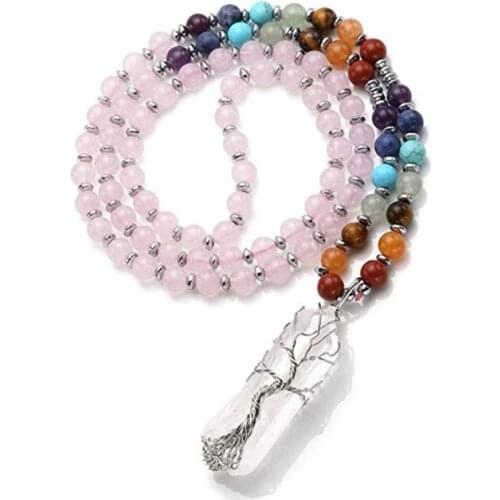 FYJS Unique Female Gift Silver Plated Wire Wrap Irregular Shape Rock Crystal Pendant Rose Pink Quartz Beads Chain Necklace
