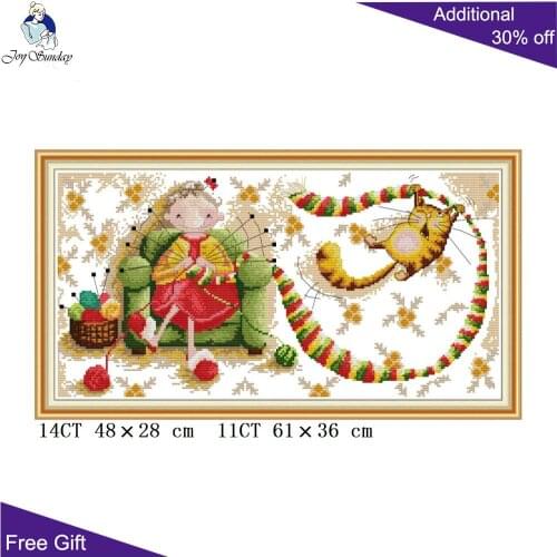 Joy Sunday The Knitting Old Lady RA350 14CT 11CT Counted and Stamped Knitting Woman Home Decor Embroidery DIY Cross Stitch kits