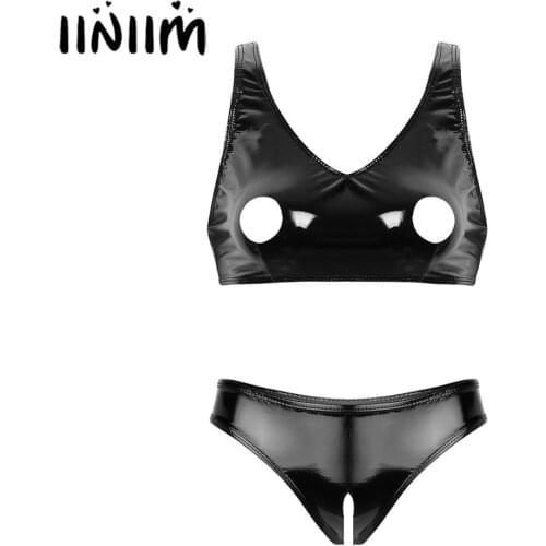 Womens Wetlook Leather Exotic Lingerie Set Open Nipples Hole Bra Top with Low Rise Open Crotch Mini Briefs Crotchless Underwear