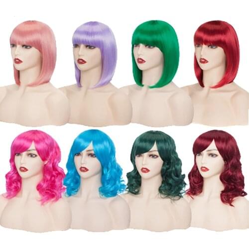 Benehair Short Hair Wigs Cosplay Wigs Red Blue Pink Purple Green Hair For Women Synthetic Wigs With Bangs Straight Bob Wig Party