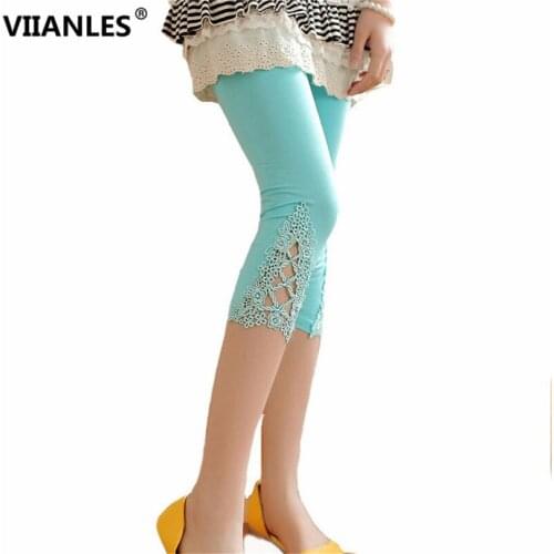 VIIANLES Summer New 2020 Hollow Out Lace Legging Plus Size Casual Capris For Women Slim Elastic Cotton Pants Ladies Leggings