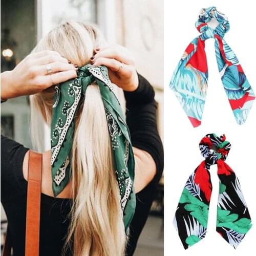 Summer Ponytail Scarf Stretch Hair Rope for Women Hair Bow Ties Scrunchies Hair Bands Leaf Flower Print Ribbon Hairbands