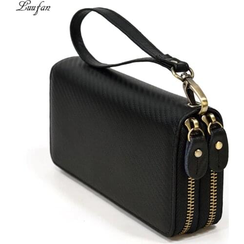 Luufan Genuine Leather Clutch Purse for Man Double Zipper Long Wallet Phone Card Coin Pocket Genuine Leather Men Wallet Black