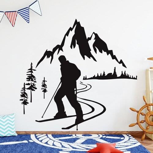 Skiing Wall Decal Skier Snow Mountain Pine Adventure Winter Sports Vinyl Stickers Living Room Teens Bedroom Home Decor Art
