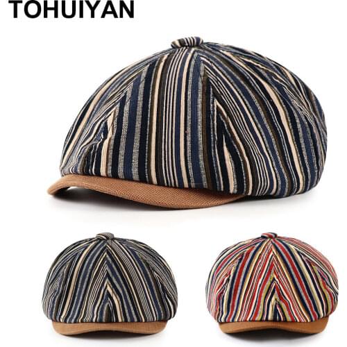 2020 New Striped Newsboy Cap For Men Soft Cotton Octagonal Hat Fashion Autumn Hats Women Bone Boinas Gatsby Caps Street Male Hat