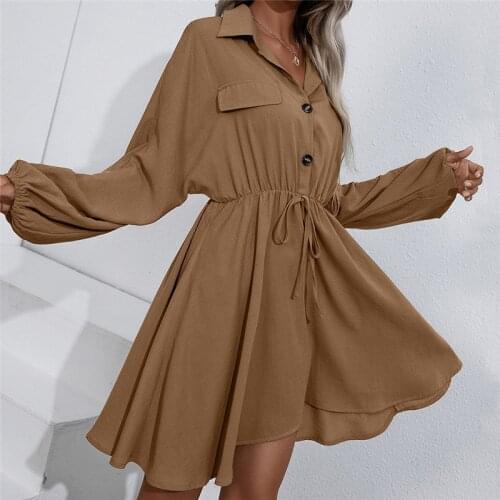 Summer Dress Women Robe Femme Solid Color A-Line Dresses Turn-down Collar Lace Up Long Sleeve Dress For Woman Vestido De Mujer