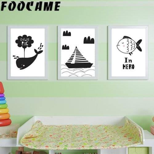 FOOCAME Nordic Poster Cartoon Sea Whale Canvas Painting Black and White Ship Nursery Wall Art Print Picture Baby Room Decoration