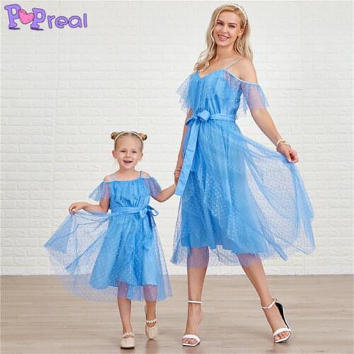 PopReal Summer Sling Mesh Stitching Belt Wave Point Girl Family Dress Mom And Daughter Skirt Mother Kids Family Matching Outfits