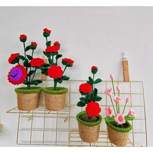 Hand-knitted Handmade Yarn Crochet Sunflower Rose Pot Flower Ornaments Wedding Home Decoration Girlfriends Lovers Holiday Gift