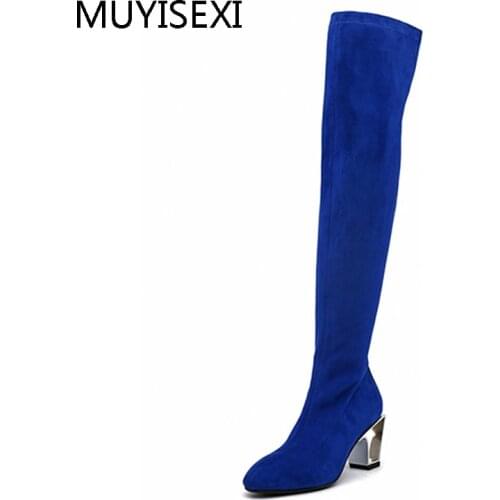 Over the Knee Boots Women Elastic Thigh High Boots 7 cm Metal High Heel Sexy Knee High Boots Black Blue HL79 MUYISEXI