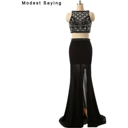 Sexy High Split Black Mermaid 2 Piece Beaded Prom Dresses 2017 with Crystal Bodice Formal Girls Party Gowns vestido de baile