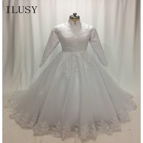 ILUSY Vestido de noiva Elegant Lace Appliques Pearls High Collar Wedding Dresses Long Sleeve Muslim Bridal Gowns