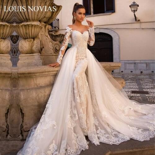 Louis Novias Detachable Mermaid Wedding Dress Long Sleeve 2020 Sexy Sweetheart Bride Elegant Champagne Lace Wedding