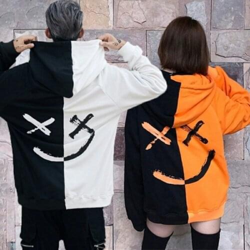 Men Hooded Sweatshirts Women Smile Print Headwear Loose Patchwork Streetwear Pullovers Hip Hop Long Sleeve Oversized Hoodies